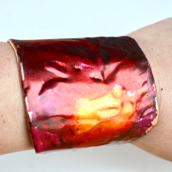 Conceptual Subculture Jewelry - Pink Purple Patina Lily Copper Wide Cuff Bracelet